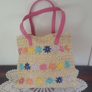 NWT Cat & Jack Straw (Paper) Lined Tote Bag with Colorful Stitched Floral Design